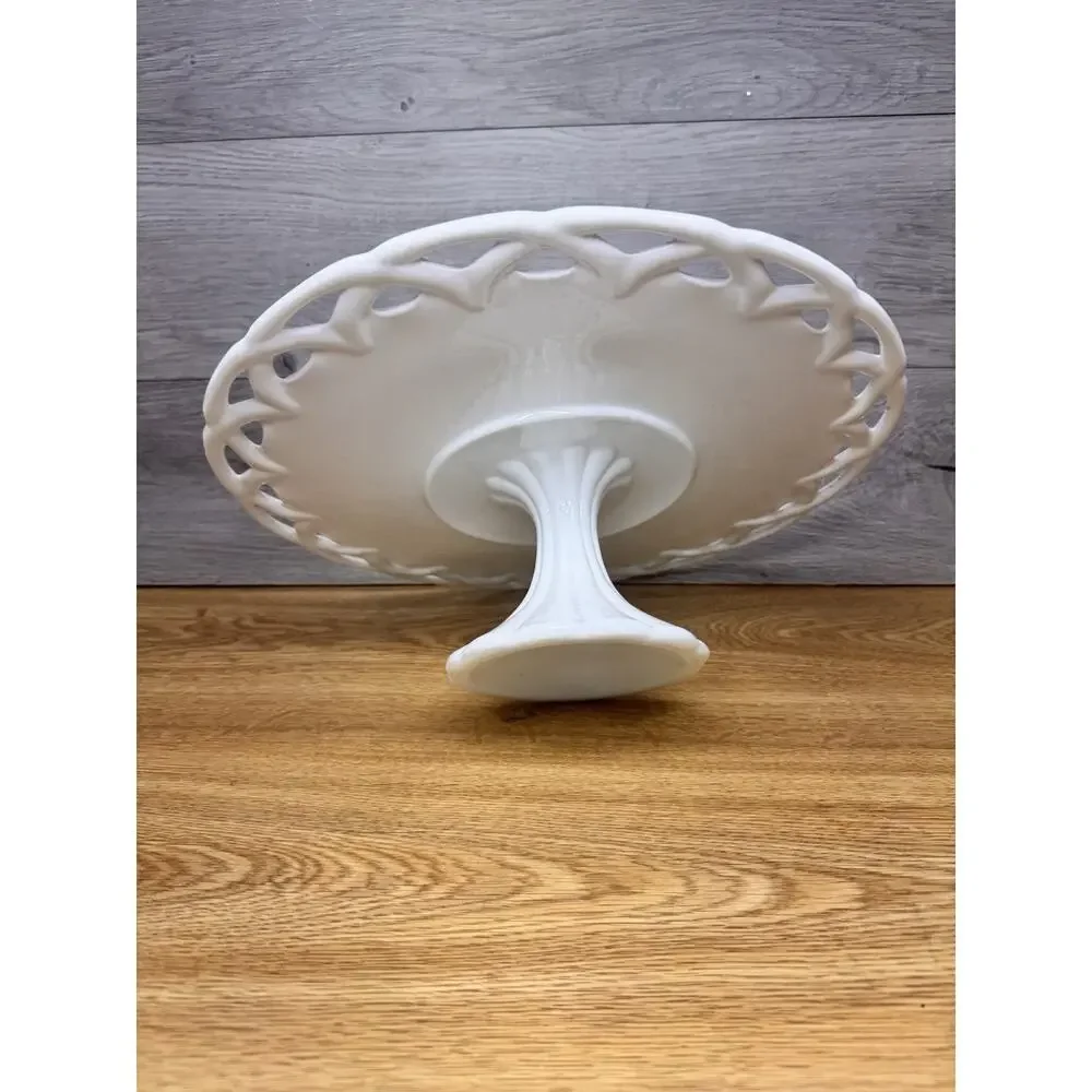 Large Colony Milk Glass Footed Cake Stand with Open Lace Edge 13-5/8” Diameter